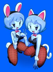  2024 2girls anthro anthrofied blue_body blue_eyes blue_skin boo_(mario) bow bowtie breasts bunny_ears bunny_tail bunnysuit cat_ears cat_tail ellisbros fangs fishnet_legwear fishnet_stockings fishnets ghost ghost_girl lahla looking_at_viewer mario_(series) mob_face nintendo paper_mario paper_mario:_the_thousand-year_door peace_sign peeka short_hair simple_background tagme_(artist) thick_thighs thighhighs thighs 