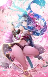  blue_eyes blue_hair blue_ribbon blue_scarf cherry_blossoms detached_sleeves female flower hair_ornament highres holding holding_sword holding_weapon katana kousetsu_samonji_(tenka_hyakken) looking_at_viewer midriff pink_flower pink_sash ribbon sash scarf sho_(runatic_moon) sword tenka_hyakken thighs weapon 