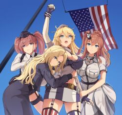  2024_attempted_assassination_of_donald_trump 4girls american_flag american_flag_legwear american_flag_print asymmetrical_legwear atlanta_(kancolle) belt black_belt black_hat black_necktie black_skirt blonde_hair blue_eyes blue_sky bodyguard bomber_jacket breast_pocket breasts brown_hair dress dress_shirt earrings elbow_gloves fingerless_gloves flag flag_print flagpole front-tie_top garrison_cap garter_straps gloves grey_eyes hair_between_eyes hat headgear high-waist_skirt high_side_ponytail hornet_(kancolle) iowa_(kancolle) jacket jewelry kantai_collection large_breasts long_hair long_sleeves meme miniskirt mismatched_legwear multiple_girls navel necktie open_mouth pocket ponytail raised_fist saratoga_(kancolle) saratoga_mk_ii_(kancolle) shirt side_ponytail sidelocks skirt sky smokestack_hair_ornament star-shaped_pupils star_(symbol) star_earrings striped_clothes striped_skirt striped_thighhighs suspender_skirt suspenders symbol-shaped_pupils thighhighs two_side_up vertical-striped_clothes vertical-striped_skirt vertical-striped_thighhighs white_dress white_shirt zuikillme 