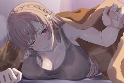  blanket braid breasts casual cleavage collarbone female furen_e_lustario furen_e_lustario_(5th_costume) highres large_breasts light_brown_hair long_hair lying nijisanji official_alternate_costume on_stomach one_eye_closed red_eyes smile solo sports_bra tomotomo_(awai) under_covers 