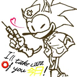  1mf4d1ng ambiguous_gender anthro clothing detachable detachable_limbs eulipotyphlan gloves handwear heart_symbol hedgehog hi_res mammal nurse_clothing one_eye_closed ring sega slim solo sonic_(rewrite) sonic_the_hedgehog_(series) text toothless_mouth unfinished wink 