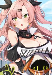  amillion_(zenless_zone_zero) bangboo_(zenless_zone_zero) black_ribbon blush breast_rest breasts clothing_cutout crop_top day eous_(zenless_zone_zero) female green_eyes large_breasts long_hair mole mole_on_breast nicole_demara omuretsu open_mouth outdoors pink_hair ribbon shoulder_cutout signature solo strapless tube_top two_side_up upper_body zenless_zone_zero 