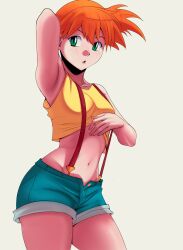  :o absurdres arm_behind_head armpits blush clothes_lift commentary coolb_art cowboy_shot eyelashes female green_eyes highres kasumi_(pokemon) lifting_own_clothes looking_at_viewer midriff navel open_mouth orange_hair pokemon pokemon_(anime) pokemon_(classic_anime) shirt shirt_lift shorts simple_background solo suspenders white_background yellow_shirt 