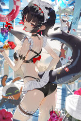  2girls alternate_costume beach bikini black_bikini black_hair blue_sky colored_inner_hair corin_wickes cowboy_shot day ellen_joe fins fish_tail from_behind grey_hair hair_between_eyes hair_ornament hairclip holding holding_tray looking_at_viewer looking_back maid_headdress mole mole_under_eye multicolored_hair multiple_girls ocean open_mouth outdoors red_eyes red_hair scottie_(phantom2) shadow shark_girl shark_tail short_hair sidelocks sky sun sunlight swimsuit tail tray twintails two-tone_hair water zenless_zone_zero 