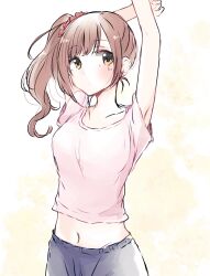  armpit_peek arms_up baran._(ba_ra_ran) black_shorts breasts brown_hair closed_mouth collarbone commentary dot_mouth female hair_ornament hair_scrunchie highres idolmaster idolmaster_cinderella_girls igarashi_kyoko lone_nape_hair looking_to_the_side medium_breasts midriff_peek navel pink_scrunchie pink_shirt scrunchie shirt short_sleeves shorts side_ponytail sidelocks sideways_glance solo stretching two-tone_background upper_body watercolor_background white_background yellow_background yellow_eyes 