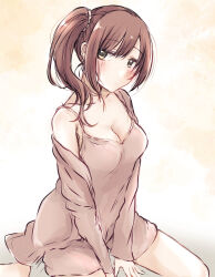  baran._(ba_ra_ran) barefoot between_legs blush breasts brown_hair camisole cardigan cleavage closed_mouth collarbone commentary_request dot_mouth female hair_ornament hair_scrunchie hand_between_legs highres idolmaster idolmaster_cinderella_girls igarashi_kyoko knees_out_of_frame long_hair looking_at_viewer medium_breasts open_cardigan open_clothes orange_background pink_camisole pink_cardigan pink_shorts scrunchie shorts side_ponytail sidelocks single_off_shoulder solo two-tone_background watercolor_background white_background white_scrunchie yellow_eyes 