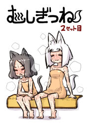  2girls :&lt; :3 animal_ear_fluff animal_ears bare_arms bare_legs bare_shoulders barefoot black_hair blush breasts cat_ears cat_girl cat_tail closed_eyes closed_mouth collarbone comiket_104 commentary_request cover cover_page flat_chest fox_ears fox_girl fox_tail highres medium_breasts multiple_girls naked_towel nose_blush original sauna short_hair simple_background sweat tail towel translation_request u-non_(annon&#039;an) white_background white_hair 