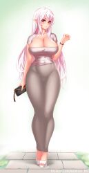  bag breasts cleavage curvy dongtan_dress dress facial_mark female handbag high_heels highres holding holding_bag huge_breasts long_dress long_hair meme_attire mermaid_dress midnight_(banyex) original pencil_dress pink_hair plump pointy_ears red_eyes scoop_neck taut_clothes taut_dress tight_clothes tight_dress 