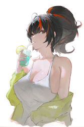  absurdres alternate_costume black_hair breasts camisole commentary cropped_torso cup drinking drinking_straw drinking_straw_in_mouth female hand_up highres holding holding_cup jacket large_breasts long_hair looking_at_viewer looking_to_the_side off_shoulder ponytail red_eyes revision sideboob simple_background solo white_background white_camisole yellow_jacket yingmusang-l1f zenless_zone_zero zhu_yuan 