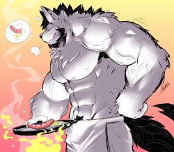  abs aliensymbol anthro canid canine cooking cookware egg food frying_pan fur hi_res kitchen_utensils male mammal meat muscular muscular_anthro muscular_male mythological_canine mythological_creature mythology pecs sausage solo tail tools were werecanid werecanine werewolf 