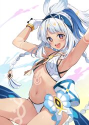  :d armpits arms_up bare_shoulders bikini blue_hairband blush braid breasts crop_top dark-skinned_female dark_skin female fingerless_gloves fish-shaped_pupils genshin_impact gloves hairband highres long_hair looking_at_viewer low_twin_braids medium_breasts mualani_(genshin_impact) navel orange_eyes skindentation smile solo swimsuit tan tanlines thighs tokitamago_(tokita_mago1) twin_braids white_hair 