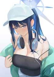  absurdres bare_shoulders baseball_cap blue_archive blue_eyes blue_hair breasts camisole cleavage commentary female gradient_background green_jacket grey_background hat headphones headphones_around_neck highres jacket large_breasts long_hair off_shoulder open_clothes open_jacket ponytail saori_(blue_archive) serelith solo spaghetti_strap strap_slip upper_body v-shaped_eyebrows white_background white_hat 