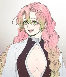  braid breasts demon_slayer_uniform eyelashes female gradient_hair green_eyes green_hair hair_between_eyes haori highres japanese_clothes kanroji_mitsuri kimetsu_no_yaiba large_breasts long_hair mole mole_under_each_eye mole_under_eye multicolored_hair multiple_moles open_mouth partially_unbuttoned pink_hair qjqjqjql smile solo twin_braids white_haori 