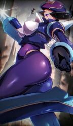  arm_mounted_weapon armor bodysuit brown_eyes brown_hair cang_she covered_eyes crop_top female helmet helmet_over_eyes highres long_hair mega_man_(series) mega_man_battle_network_(series) ms._yuri_(mega_man) needle needleman.exe power_armor purple_bodysuit purple_lips solo spikes 