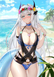  absurdres bare_shoulders beach bikini blue_bikini blue_choker blue_eyes blue_nails blush breasts choker cleavage cloud collarbone dai_mao_xuan_yi eyeliner female flower_wreath hair_intakes hair_ornament highres holding holding_swim_ring horizon horns innertube jewelry large_breasts looking_at_viewer makeup necklace nora_(tower_of_fantasy) ocean outdoors palm_tree red_eyeliner shy sky solo swim_ring swimsuit tower_of_fantasy tree white_hair wrist_flower 