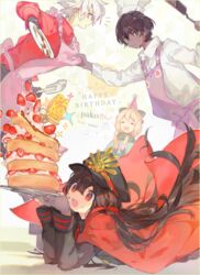  2girls apron arjuna_(fate/grand_order) birthday black_hair blush cake closed_eyes dark_skin dark_skinned_male fate/apocrypha fate/grand_order fate_(series) food gloves happy_birthday hat japanese_clothes karna_(fate) kimono koha-ace lion long_hair multiple_boys multiple_girls namie-kun oda_nobunaga_(fate) okita_souji_(fate) okita_souji_(fate)_(all) open_mouth pale_skin red_eyes short_hair smile strawberry_shortcake thomas_edison_(fate/grand_order) white_hair 