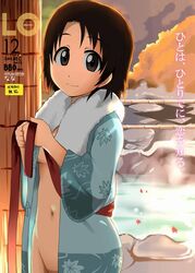  bath_yukata breasts brown_eyes brown_hair closed_mouth comic_lo commentary cover cowboy_shot fake_cover female girls_und_panzer groin japanese_clothes kimono looking_at_viewer magazine_cover nana_(manaita_koumuten) navel onsen open_clothes open_kimono parody parted_bangs sash sawa_azusa short_hair smile solo standing translated underboob yukata 