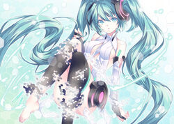  aqua_eyes aqua_hair bad_id bad_pixiv_id bridal_gauntlets center_opening digital_dissolve female hatsune_miku hatsune_miku_(append) levka long_hair necktie sitting solo thighhighs twintails very_long_hair vocaloid vocaloid_append 