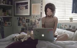  animal aphex_twin at_computer bad_id bad_twitter_id bed bedroom black_hair camisole computer feline female highres indoors laptop on_bed original photo_(object) plant potted_plant short_hair sitting sticker tattoo tomiya_(tomiya2117) window 