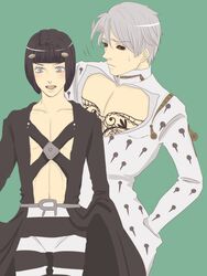  2boys black_hair black_sclera blue_eyes bob_cut bruno_bucciarati bruno_bucciarati_(cosplay) colored_sclera commentary_request cosplay costume_switch grey_hair hand_in_pocket jojo_no_kimyou_na_bouken jom2 multiple_boys pectoral_cleavage pectorals red_eyes risotto_nero risotto_nero_(cosplay) sweatdrop 