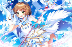  :d blue_sky blush brown_hair bubble cardcaptor_sakura cardcaptor_sakura_clear_card_arc clear_card cloud commentary crown day dress female gloves green_eyes holding holding_staff kinomoto_sakura kinomoto_sakura_(crystal_feather_dress) mini_crown open_mouth outdoors photoshop_(medium) shoes short_hair_with_long_locks sky smile solo squchan staff white_dress white_footwear white_gloves yume_no_tsue 