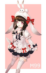  :&gt; :d animal animal_bag animal_ears animal_hat animal_on_head bad_id bad_pixiv_id bag bangs black_bow black_skirt bloomers blunt_bangs border bow braid brown_hair bunny bunny_ears bunny_hat buttons character_name ears_down eyebrows_visible_through_hair girls_frontline hair_over_shoulder hairbow hand_up hat hat_bow highres holding holding_phone long_hair long_sleeves looking_at_viewer low_twintails m99_(girls_frontline) mellozzo on_head open_mouth outside_border phone pink_background pink_eyes pom_pom_(clothes) puffy_short_sleeves puffy_sleeves red_bow ribbed_legwear round_teeth shiny shiny_hair shirt short_over_long_sleeves short_sleeves shoulder_bag sidelocks skirt smile solo standing striped striped_bow striped_legwear teeth thighhighs twin_braids twintails twitter_username underwear vertical-striped_legwear vertical_stripes white_bloomers white_border white_bow white_hat white_legwear white_shirt zettai_ryouiki 