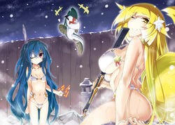  2girls ass bathing bikini blue_hair breasts commentary_request date_masamune_(horizon) eyepatch fish flat_chest folded_fan folding_fan hand_fan kodama_yuu kyoukaisenjou_no_horizon large_breasts long_hair looking_at_viewer mogami_yoshiaki_(horizon) multiple_girls navel one_eye_closed onsen photoshop_(medium) same-sex_bathing shared_bathing smile snow stone_lantern swimsuit underboob very_long_hair 