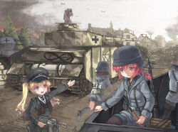  5girls aircraft airplane anti-aircraft_gun assault_rifle balkenkreuz binoculars black_legwear blonde_hair blue_eyes boots caterpillar_tracks city combat_helmet commentary cross destruction flakpanzer_iv_wirbelwind garrison_cap gewehr_43 gun hat headset helmet highres iron_cross long_hair long_sleeves machine_gun mg42 military military_hat military_uniform military_vehicle motor_vehicle multiple_girls north_abyssor open_mouth original pantyhose panzer_iv peaked_cap photoshop_(medium) ponytail red_eyes red_hair rifle short_hair shorts skirt smoke stahlhelm stg44 tank twintails uniform vehicle_focus war weapon world_war_ii 