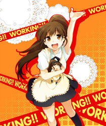  :d apron arm_up bad_link black_legwear brown_eyes brown_hair character_doll copyright_name doll dual_persona female holding long_hair looking_at_viewer open_mouth outstretched_hand ponytail shirt skirt smile socks standing takana_(nanao) taneshima_popura waitress waving white_shirt working!! 