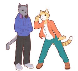  4_fingers anthro blue_eyes bottomwear clothed clothing digital_media_(artwork) dipstick_tail domestic_cat duo electronics felid feline felis fingers footwear frown fur gesture grey_body grey_fur hand_gesture headphones hi_res hoodie kuehiko_roshihara looking_at_viewer male mammal markings multicolored_tail munkeesgomu open_mouth open_smile orange_body orange_fur pants pose shirt shoes simple_background smile standing striped_markings striped_tail stripes tail tail_markings tapio_chatarozawa topwear v_sign whiskers white_background white_body white_fur working_buddies! yellow_eyes 