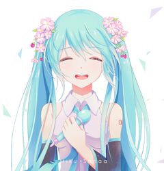  aqua_hair aqua_necktie artist_name bare_shoulders breasts character_name closed_eyes commentary detached_sleeves female flower hair_between_eyes hair_flower hair_ornament hand_up hatsune_miku holding holding_microphone long_hair medium_breasts microphone necktie open_mouth photoshop_(medium) sanaa sidelocks smile solo teeth tongue twintails upper_teeth_only vocaloid 