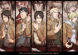  2girls 3boys annie_leonhart armored_titan belt bertolt_hoover black_hair blonde_hair blue_eyes brown_hair clenched_teeth collarbone colossal_titan commentary_request dagger eren_yeager female_titan freckles german_text green_eyes jaw_titan jewelry knife long_sleeves multiple_boys multiple_girls open_mouth paradis_military_uniform photoshop_(medium) pocket ranguage reiner_braun ring rogue_titan sharp_teeth shingeki_no_kyojin short_hair silver_hair spoilers teeth titan_(shingeki_no_kyojin) tongue translated uniform weapon yellow_eyes ymir_(shingeki_no_kyojin) ypj66 