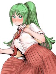  arm_support blush commentary_request dress_shirt female green_eyes green_hair high-waist_skirt higurashi_no_naku_koro_ni long_hair looking_at_viewer lying necktie on_side pleated_skirt ponytail red_necktie school_uniform shirt skirt solo sonozaki_mion vest white_background white_shirt zenkou 