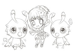  ayamisiro chibi commentary_request female line_art looking_at_viewer monochrome open_mouth phantasy_star phantasy_star_online_2 rappy short_hair simple_background sitting smile solo trembling waving white_background wiola_magica 