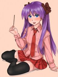  black_thighhighs blouse blue_eyes blush commentary_request dress_shirt female food hair_ribbon hiiragi_kagami holding long_hair long_sleeves looking_at_viewer lucky_star miniskirt necktie open_mouth pleated_skirt pocky purple_hair ribbon shirt sitting skirt smile solo striped thighhighs twintails vertical_stripes yokozuwari zenkou 