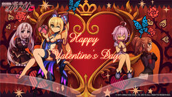  4girls azure_striker_gunvolt blonde_hair brown_hair closed_eyes elise_(gunvolt) gunvolt hatakeyama_yoshitaka highres joule_(gunvolt) light_purple_hair lumen_(gunvolt) monica_(gunvolt) multiple_girls official_art one_eye_closed ponytail thighhighs valentine 