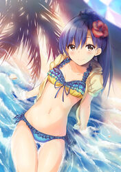  beach bikini blue_hair blush brown_eyes collarbone commentary_request female flower groin hair_flower hair_ornament hibiscus idolmaster idolmaster_(classic) idolmaster_cinderella_girls kisaragi_chihaya kokusan_moyashi long_hair navel ocean outdoors partially_submerged photoshop_(medium) ponytail shadow shell short_sleeves sitting smile solo swimsuit vivid_bikini_(idolmaster) water 