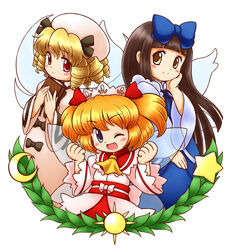  3girls ;d ascot black_bow blonde_hair blue_bow blue_dress blue_eyes blunt_bangs blush_stickers book bow brown_hair clenched_hands closed_mouth collared_dress commentary_request cowboy_shot crescent dress drill_hair fairy_wings flat_chest hairbow hand_on_own_cheek hand_on_own_face hat headdress holding holding_book laurels long_hair long_sleeves looking_at_viewer luna_child multiple_girls nitamago oerba_yun_fang one_eye_closed open_mouth orange_hair red_eyes sash short_hair simple_background smile star_(symbol) star_sapphire sun_symbol sunny_milk touhou two_side_up white_background white_dress white_hat wide_sleeves wings yellow_ascot yellow_eyes 