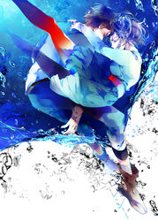  1boy aimai_elegy_(deco27) air_bubble blue_hair brown_hair bubble closed_eyes commentary_request couple female highres hug photoshop_(medium) reika_(iamreika) short_hair straight submerged underwater 