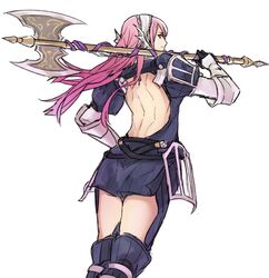  axe bare_back cherche_(fire_emblem) commentary_request feet_out_of_frame female fire_emblem fire_emblem_awakening helswath holding holding_axe holding_weapon kamu_(kamuuei) long_hair looking_at_viewer pink_hair simple_background smile solo weapon 