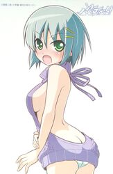  aizawa_sakuya ass back blush breasts female green_eyes grey_hair hair_ornament hayate_no_gotoku! highres no_bra open-back_dress open_mouth panties short_hair sideboob sleeveless sleeveless_turtleneck solo sweater sweater_dress thighs underwear virgin_killer_sweater 