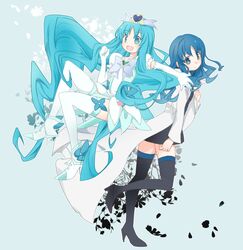  2girls black_legwear blue_eyes blue_hair blue_theme boots brooch choker coat commentary_request cure_marine cure_marine_(super_silhouette) cure_marine_mirage dark_persona dress dual_persona hair_ornament heart heart_brooch heartcatch_precure! jewelry kurumi_erika long_hair magical_girl mirage_precure multiple_girls open_mouth precure ribbon smile teruru100 thigh_boots thighhighs white_choker white_legwear wrist_cuffs 