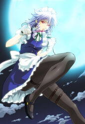  apron black_pantyhose blood blood_on_knife blue_dress braid cloud commentary_request dress enfuku female flying full_moon grey_hair izayoi_sakuya knife maid maid_headdress moon night night_sky pantyhose partial_commentary pocket_watch red_eyes ribbon shoes short_hair sky solo thigh_strap touhou twin_braids watch 