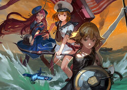  3girls :d aircraft airplane american_flag blue_eyes bow_(weapon) brown_eyes brown_hair commentary_request enterprise_(pacific) f4f_wildcat holding jeanex kantai_collection long_hair looking_at_viewer machinery mahan_(pacific) maury_(pacific) mecha_musume multiple_girls open_mouth original pacific_(kancolle) pantyhose photoshop_(medium) red_hair short_hair smile turret united_states water weapon wind 