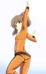  armpits arms_up ass belt blush bodysuit brown_eyes brown_hair commentary_request enfuku female highres leg_up looking_at_viewer looking_back misaki_yuria open_mouth orange_bodysuit skin_tight solo standing twintails uchuu_senkan_yamato uchuu_senkan_yamato_2199 white_background 