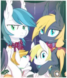  2014 band bat_pony blonde_hair cloud_skipper_(mlp) cutie_mark equid equine family feathered_wings feathers female feral fold goatanimedatingsim green_eyes group hair hasbro hi_res hybrid looking_at_viewer male mammal my_little_pony mythological_creature mythological_equine mythology pacifier pegasus photo scarf smile teal_eyes wings young young_feral 