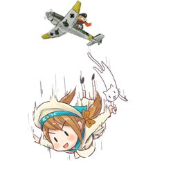  2girls :d aircraft airplane batsubyou black_eyes blonde_hair bow brown_hair commentary_request donald_duck_sailor_hat error_musume fairy_(kancolle) falling feline flying girl_holding_a_cat_(kancolle) hairbow hat ju_87 kantai_collection long_hair military military_uniform multiple_girls open_mouth pilot pilvenpiirtaja propeller sailor_collar scarf shoshinsha_mark simple_background smile twintails uniform v-shaped_eyebrows waving white_background 