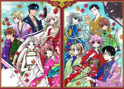  6+boys 6+girls :d antenna_hair autumn_leaves bare_arms black_hair blonde_hair blue_eyes blue_kimono blunt_bangs braid breasts brown_eyes brown_hair cardcaptor_sakura changpao chii chinese_clothes chobits chrysanthemum clamp_(circle) cleavage closed_mouth clover_(manga) collarbone company_connection crossover doumeki_shizuka dress fai_d._flowright floating_hair flower framed glasses gloves green_eyes green_kimono hair_flower hair_ornament hair_ribbon headband hououji_fuu japanese_clothes kero_(cardcaptor_sakura) kimono kinomoto_sakura kiseru kurogane_(tsubasa_chronicle) leaf li_syaoran long_hair long_sleeves looking_at_viewer magic_knight_rayearth maple_leaf mokona multiple_boys multiple_crossover multiple_girls multiple_views obi official_art open_mouth photoshop_(medium) pink_hair pink_kimono purple_kimono red_eyes red_kimono red_ribbon ribbon ryuuzaki_umi sash shidou_hikaru short_hair single_braid smile smoke smoking_pipe suppi suu_(clover) tsubasa_chronicle uroko_(pattern) very_long_hair watanuki_kimihiro white_dress white_flower white_gloves white_hair wide_sleeves xiaolang xxxholic 