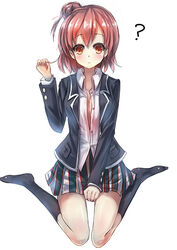  ? bad_id bad_pixiv_id black_jacket black_socks blazer breasts cleavage collarbone female hair_bun jacket kneehighs long_sleeves medium_breasts orange_eyes photoshop_(medium) pink_hair plaid plaid_skirt school_uniform short_hair single_hair_bun sitting skirt sobu_high_school_uniform socks solo tears toake_mikage wariza yahari_ore_no_seishun_lovecome_wa_machigatteiru. yuigahama_yui 