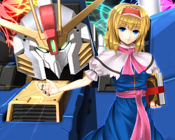  alice_margatroid blonde_hair blue_eyes book capelet commentary_request crossover dress female fumizuki_homura gundam gundam_sentinel hairband jewelry mecha nail_polish name_connection photoshop_(medium) puppet_rings puppet_strings ribbon ring robot s_gundam short_hair touhou 